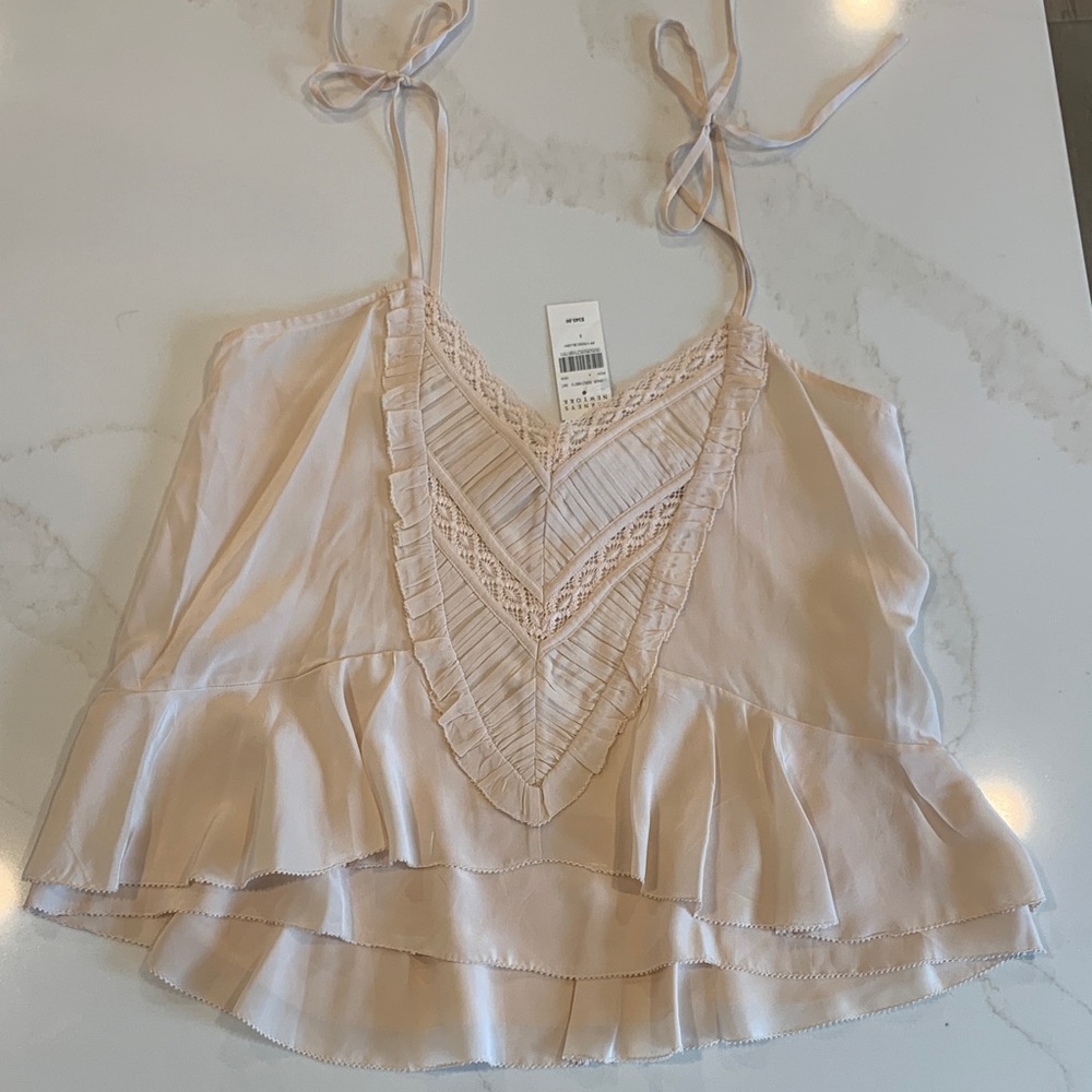 Ulla Johnson Baby Pink 100% Silk Ruffled V-Neck Tank Top in Blush BNWT US4 $34